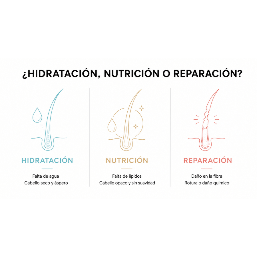 infografía sobre la diferencia entre hidratacion, nutricion y reparacion del cabello